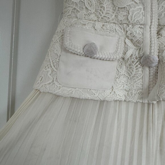 NWT Self-Portrait Guipure Lace Midi Dress Cream Sz 8 Pleated Skirt Square Neck - Picture 6 of 11